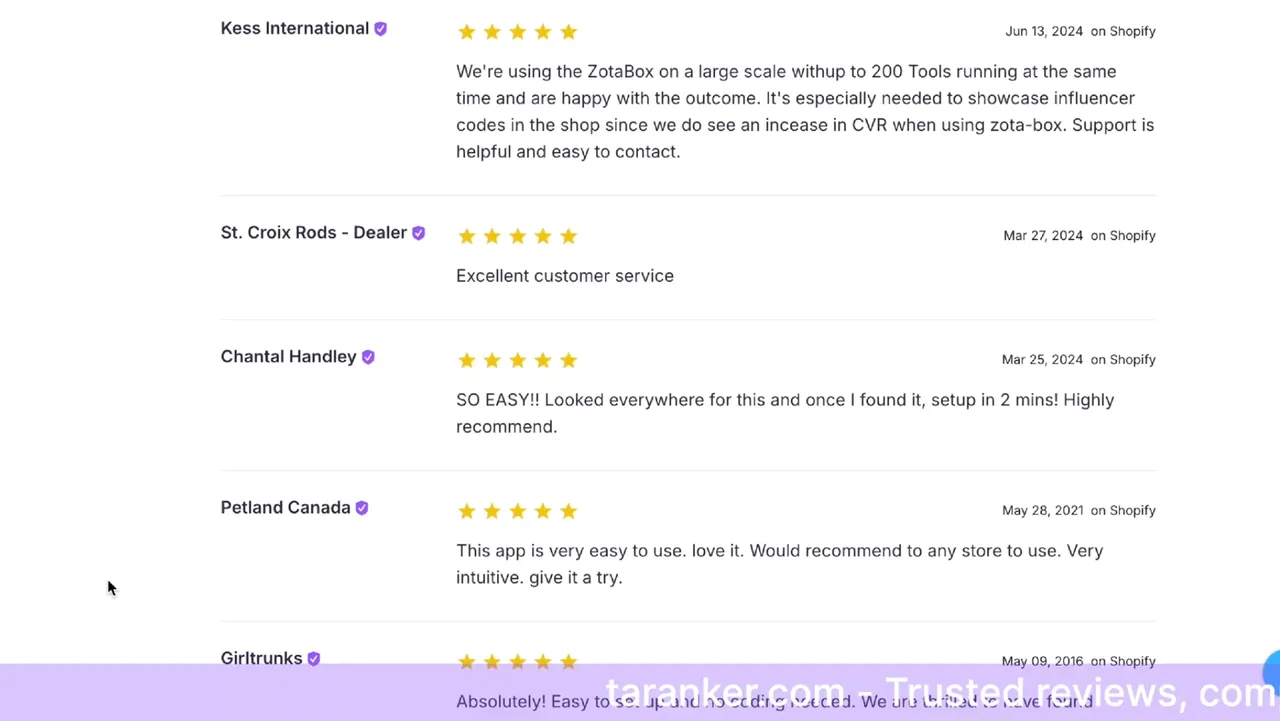 A comprehensive Ratings and Reviews section showcasing user feedback, testimonials, and star ratings for Zotabox's e-commerce marketing tools